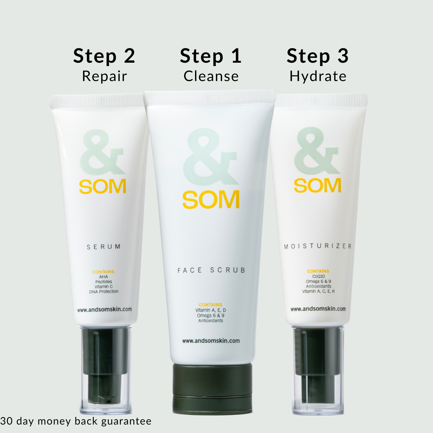 Three skincare products from andsomskin with labels for 'Step 1 Cleanse', 'Step 2 Repair', and 'Step 3 Hydrate' on a light gray background.