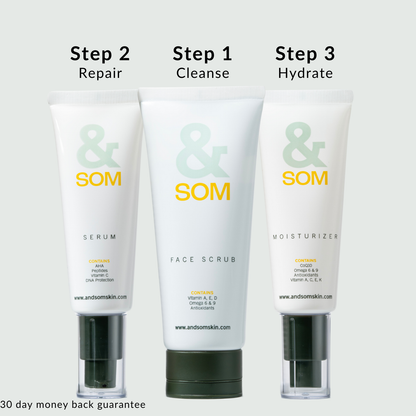 Three skincare products from andsomskin with labels for 'Step 1 Cleanse', 'Step 2 Repair', and 'Step 3 Hydrate' on a light gray background.