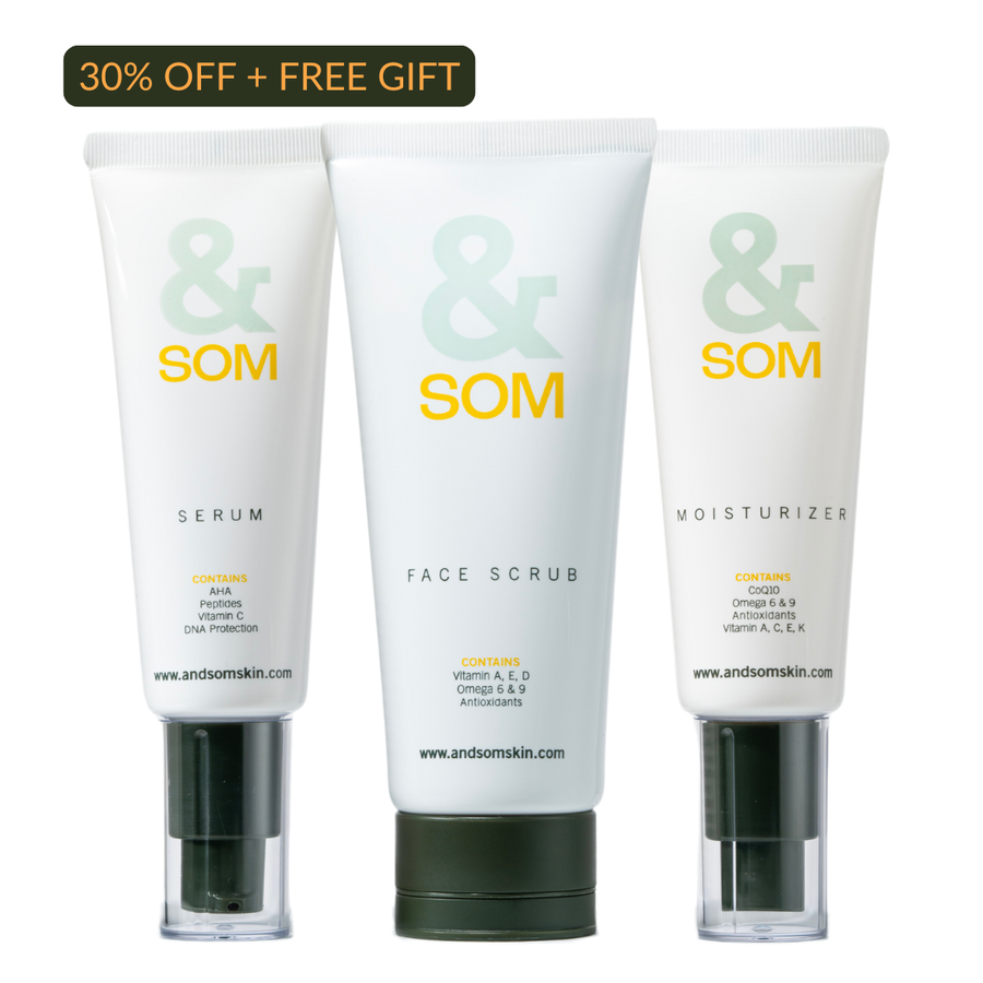Three skincare products from ANDSOM on a white background with promotional text.